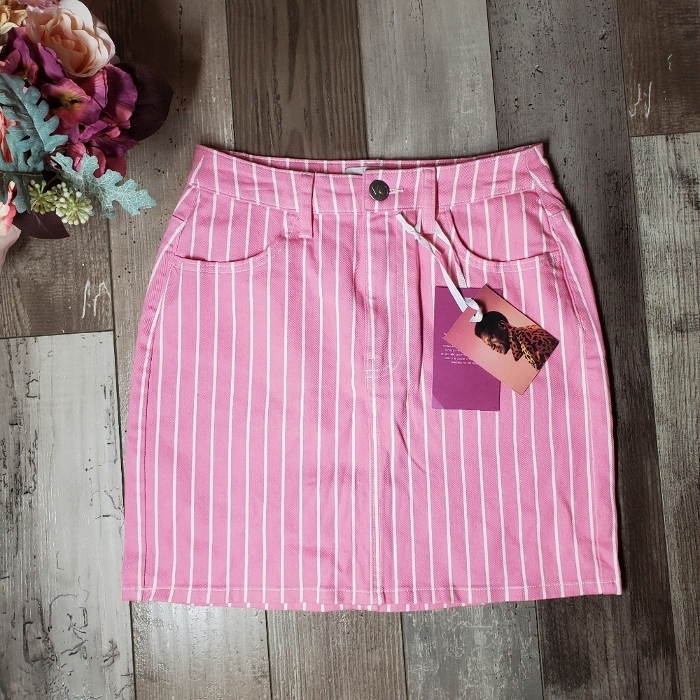 NWT Victor Glemaud Aurora Pink and White Striped Denim Mini Skirt Size 0
